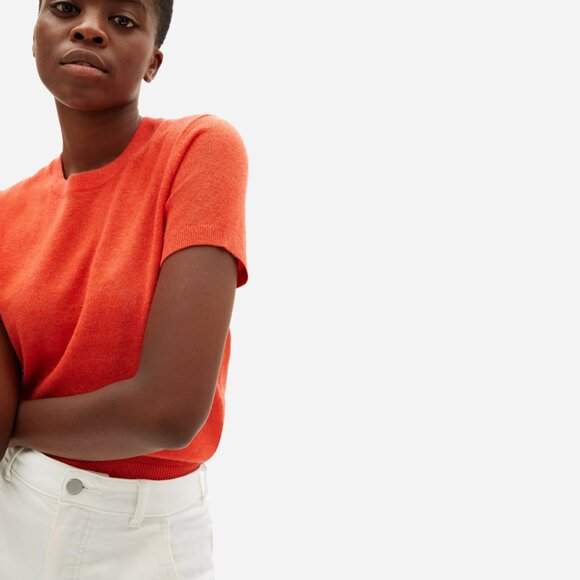 Everlane The Cashmere Short Sleeve Crew Neck Sweater Tee Heathered Blood Orange - Picture 3 of 4